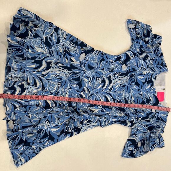 Lilly Pulitzer Blue Floral Ruffle Dress Size 4 | Short Sleeve Tie Waist Mini - Picture 7 of 7